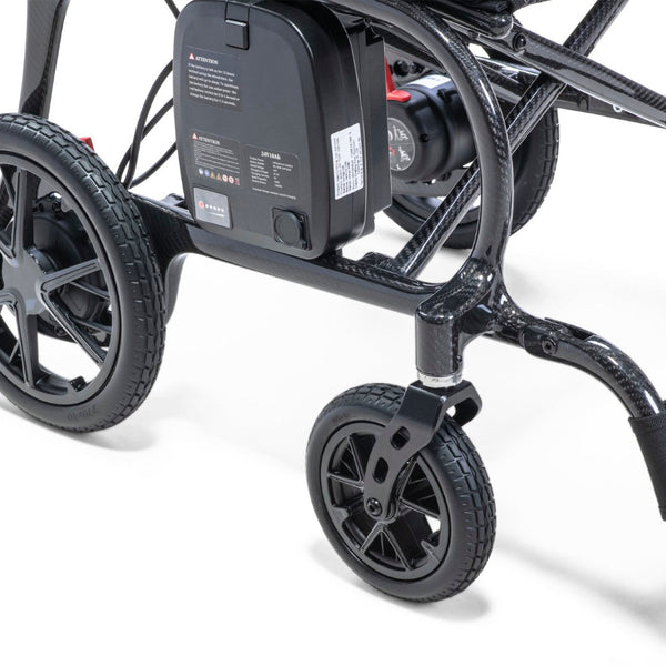 Drive AeroCarbon Powerchair with wheels and battery compartment, lightweight folding electric wheelchair, close-up view.