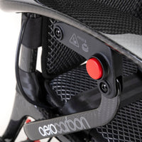 AeroCarbon Powerchair frame with push button and aerocarbon label on armrest, close-up.