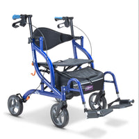 Blue folding rollator and transport chair with seat, pouch, brakes and footrests, side view.
