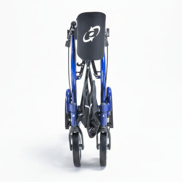 Blue 2-in-1 rollator and wheelchair, shown folded for compact storage, front view on a white background.