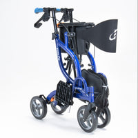 Drive AirGo Fusion 2-in-1 rollator folded, with four wheels, hand brakes and storage pouch, side view.