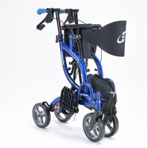 Drive AirGo Fusion 2-in-1 rollator folded, with four wheels, hand brakes and storage pouch, side view.