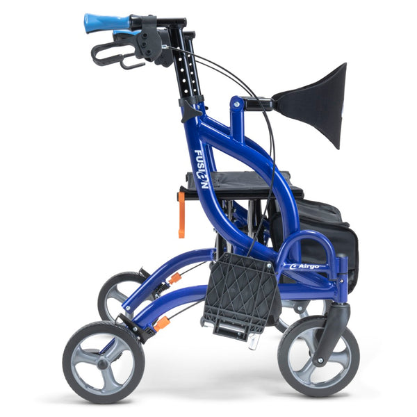 Blue Drive AirGo Fusion 2-in-1 rollator with four wheels, seat, hand brakes and storage bag, partially folded for transport, side view.