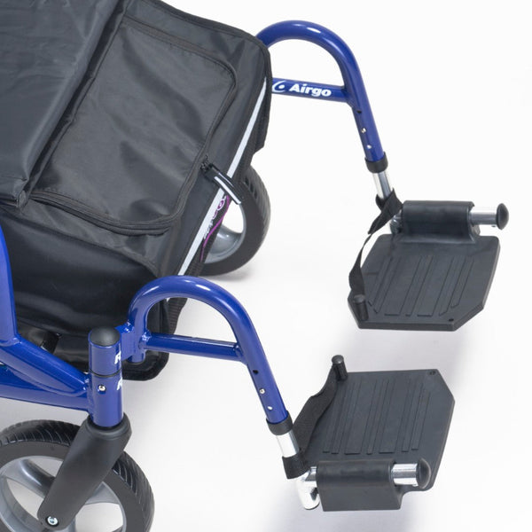 Drive AirGo Fusion 2-in-1 Rollator footrests and blue frame, showing transport chair details on white background, close-up.