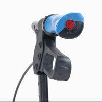 AirGo Fusion 2-in-1 Rollator handlebar grip in black and blue with red reflector on black pole, close-up view.