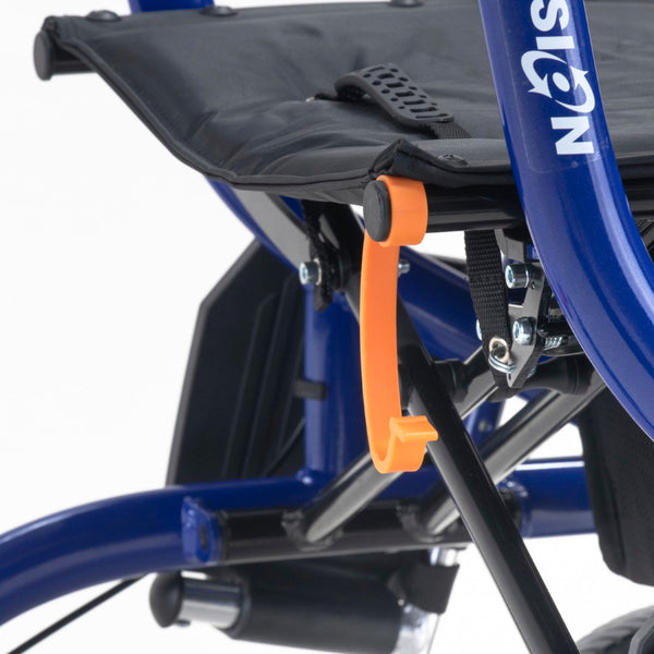 Blue Drive AirGo Fusion 2-in-1 rollator frame with orange lever under a black seat, close-up view.