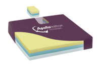 Rectangular foam cushion with coccyx cut-out and three layers, designed for pressure relief, side view.
