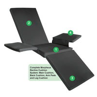 Apollo Morpheus Recline Cushion System with main cushion, back, leg supports and modular arm pads for pressure care, front angle view.
