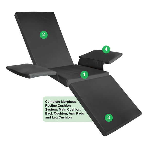 Apollo Morpheus Recline Cushion System with main cushion, back, leg supports and modular arm pads for pressure care, front angle view.