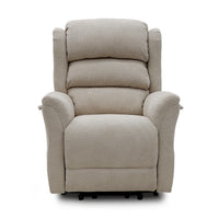 Beige Sanford dual motor riser recliner with padded arms and plush backrest, front view.