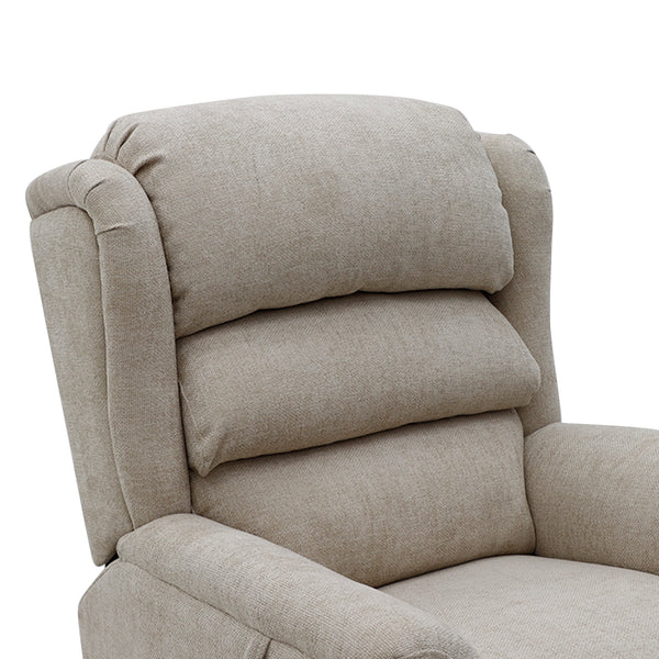 Light brown Sanford Dual Motor Riser Recliner with padded backrest and armrests, top view.