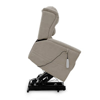 Sanford Dual Motor Riser Recliner in beige, raised with rise function and corded remote, side view.