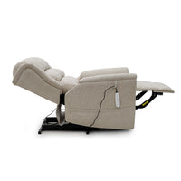 Beige Sanford Dual Motor Riser Recliner by Motion Healthcare, footrest out, corded remote on side, side view.