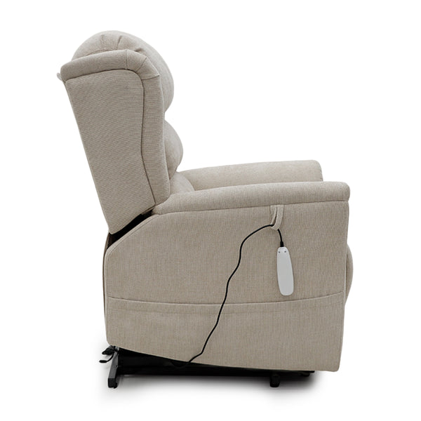 Motion Healthcare Sanford Dual Motor Riser Recliner in beige with wired remote, partially raised, side view.