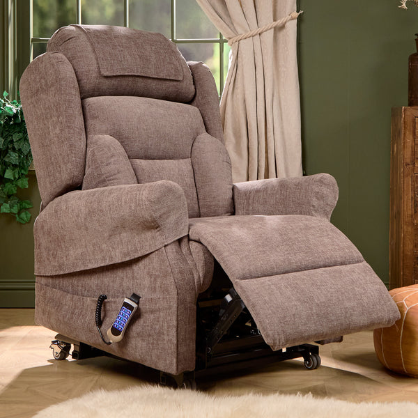 Monterey Royale five motor wide riser recliner chair with lumbar support and remote, front view.