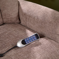 Remote with blue buttons on Motion Healthcare Monterey Royale Five Motor Wide Riser Recliner Chair, angled view.