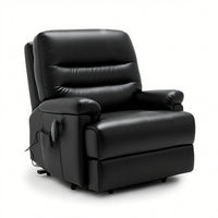 Black bariatric dual motor riser recliner chair with padded arms and remote, eco leather finish, white background, front view.