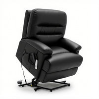 Black bariatric dual motor riser recliner chair with remote on metal base, front view.