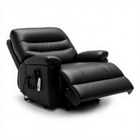 Black eco leather riser recliner chair with dual motors, padded arms and side remote, front angle view.