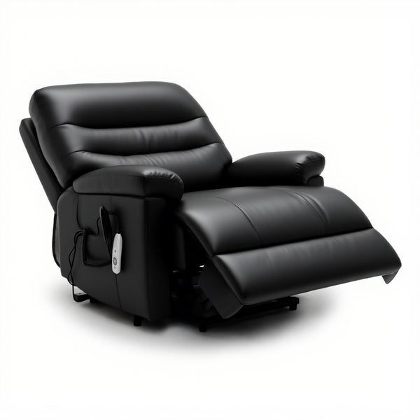 Black eco leather riser recliner chair with dual motors, padded arms and side remote, front angle view.