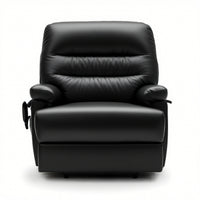 Black dual motor riser recliner chair with eco leather upholstery, front view on white background.