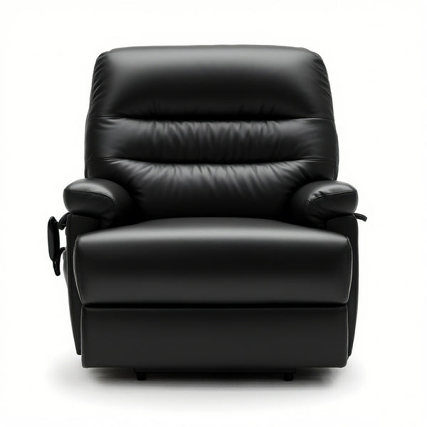 Black dual motor riser recliner chair with eco leather upholstery, front view on white background.