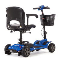 Blue Motion Healthcare eLite Travel Scooter with four wheels, black seat, and front basket, rear side view.