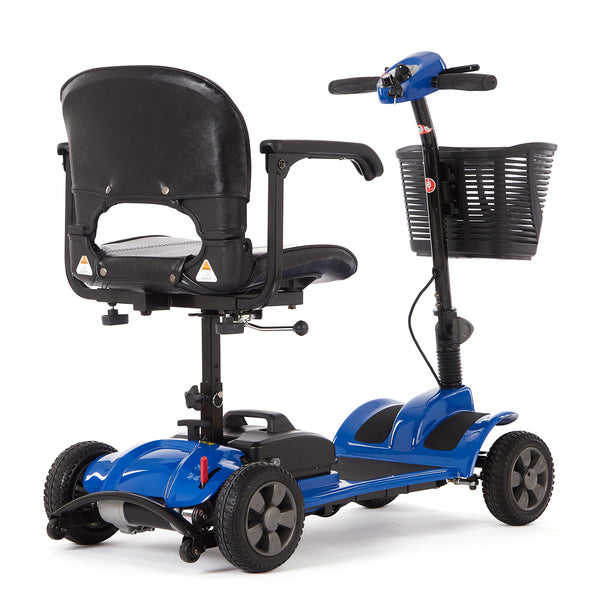 Blue Motion Healthcare eLite Travel Scooter with four wheels, black seat, and front basket, rear side view.