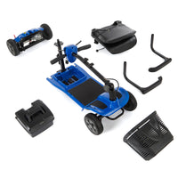 Blue eLite Travel Scooter with separate frame, battery, seat, basket, armrests and rear wheels, side view.