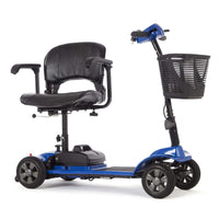 Blue Motion Healthcare eLite travel scooter with seat, armrests, four wheels and front basket, side view.