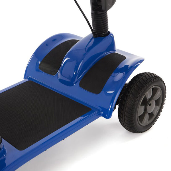 Blue Motion Healthcare eLite Travel Scooter base with black footrests and large rear wheels, close-up view.