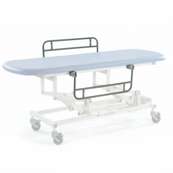 Black electric therapy hygiene table, height-adjustable with wheels, shown from side view.