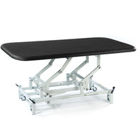 SEERS Medical Electric Therapy Mat Table with metal frame, wheels and height adjustment, side view.