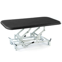 Black hydraulic therapy mat table with adjustable height and wheels, designed for medical or physiotherapy settings, front angle view.