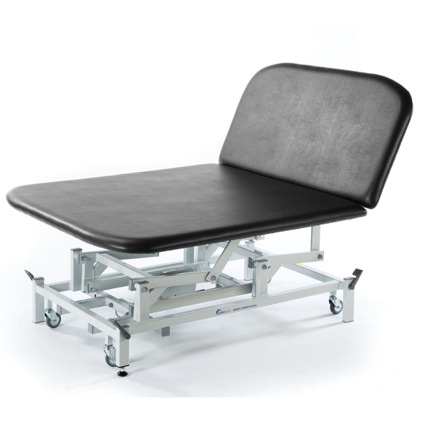 SEERS Medical Electric Therapy Bobath Couch with adjustable backrest and wheels, suitable for therapy or exams, side view.