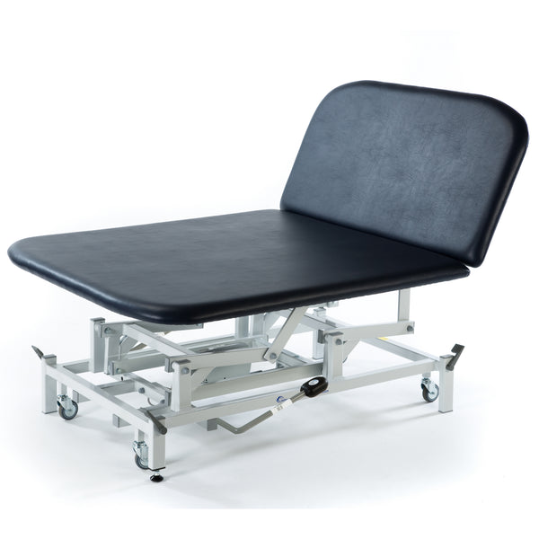 SEERS Medical Hydraulic Therapy Bobath Couch with metal frame and wheels, white background, side view.
