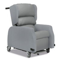 Repose Seating Harlem Porter Express Chair with padded cushions, wide armrests and wheels, front view.