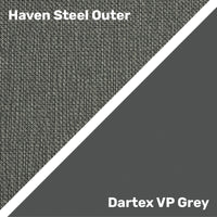 Haven Steel Outer and Dartex VP Grey fabrics on Repose Seating Boston Healthcare Chair, diagonal split view.