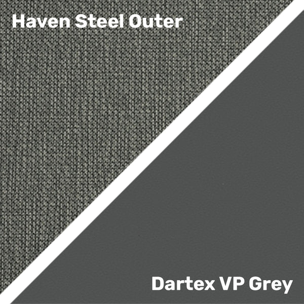 Haven Steel Outer and Dartex VP Grey fabrics on Repose Seating Boston Healthcare Chair, diagonal split view.