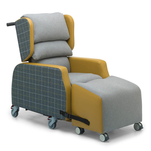 Repose Seating Harlem Porter Express Chair with cushion, supportive arms, patterned sides, wheels and built-in footrest, side angle view.