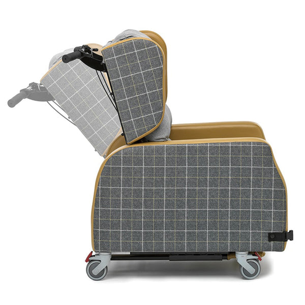 Harlem Porter Express Chair with armrests, four casters and upright or reclined backrest, side view.