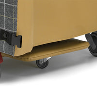Harlem Porter Express Chair by Repose Seating with plaid side, black buckle and fold-down footrest, close-up view.