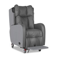 Grey upholstered Boston Healthcare Chair with cushioned back, armrests, footrest and wheels, side view.