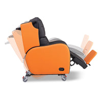 Orange and black Boston Healthcare Chair on wheels with reclining back for pressure relief, shown at a slight angle view.