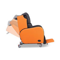 Orange and black porter chair with wheels, adjustable recline, and leg rest for support, front angle view.