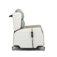 Madison Healthcare Chair with wheels, armrests and wired remote control on the side, side view.