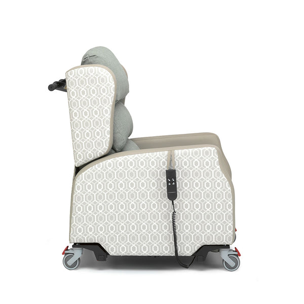 Madison Healthcare Chair with wheels, armrests and wired remote control on the side, side view.