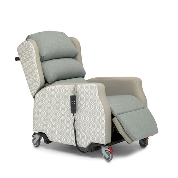 Madison Healthcare Chair with cushioned seat, wheels, and remote control for adjustable comfort, shown from side view.