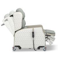 Madison Healthcare Chair with tilt, recline, wheels and side remote control, side view.