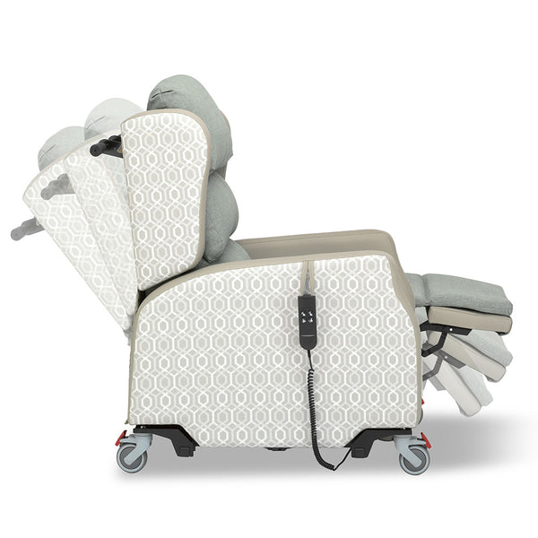 Madison Healthcare Chair with tilt, recline, wheels and side remote control, side view.